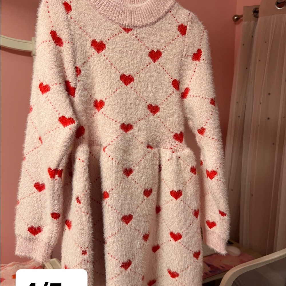 Lola + The Boys Pink Fuzzy Heart Knit Dress with Red Hearts